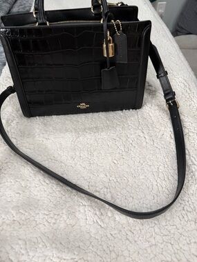 Coach Black Croc-Embossed Satchel with Gold Hardware